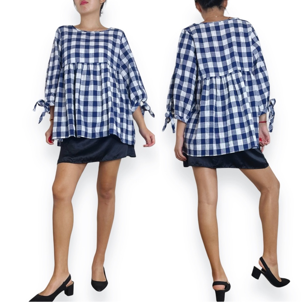Red Lolly Blue & White Gingham Checker Coquette Babydoll Top Fits S-L